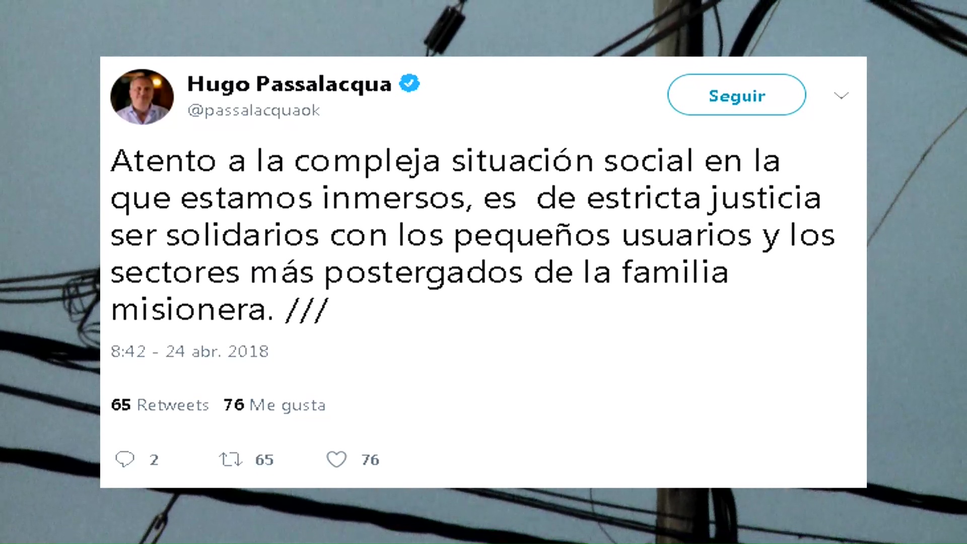 Passalacqua anunció reducción del 5% en la tarifa eléctrica residencial 
